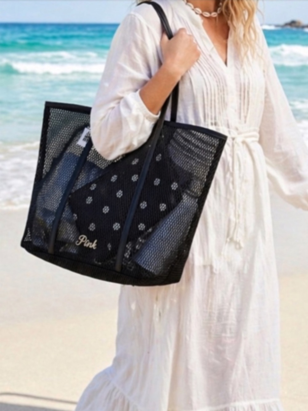 Victoria's Secret Mesh Tote Bag Black Large NEW - Picture 2 of 5